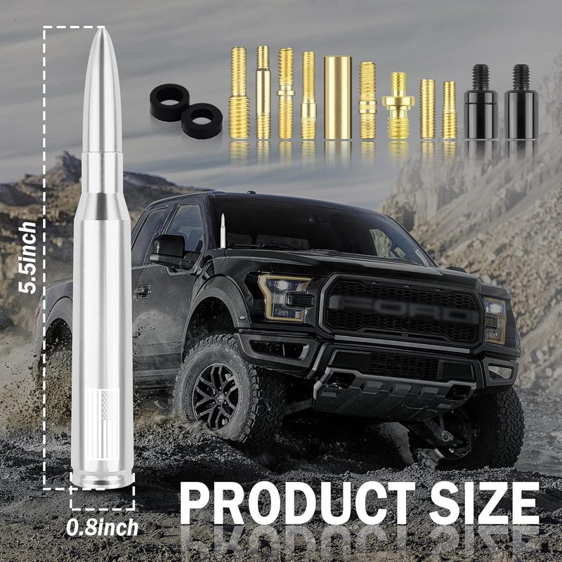 Junecarp New Upgrade American Flag Car Bullet Antenna,Truck Exterior Accessories Antenna Toppers Compatible with GMC,Chevy Silverado,Dodge,Ford,Jeep Antenna Replacement (Premium Silver - U.S. Flag) - Image 2